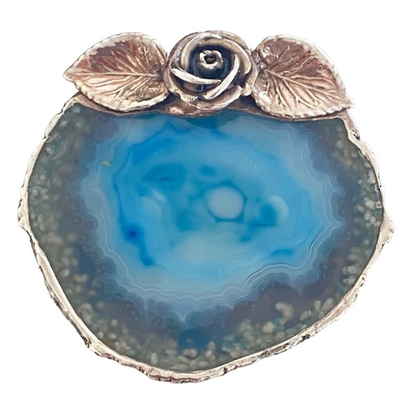 Artist made aqua blue pendant and brooch Sterling silver agate slab rose - Picture 2 of 11
